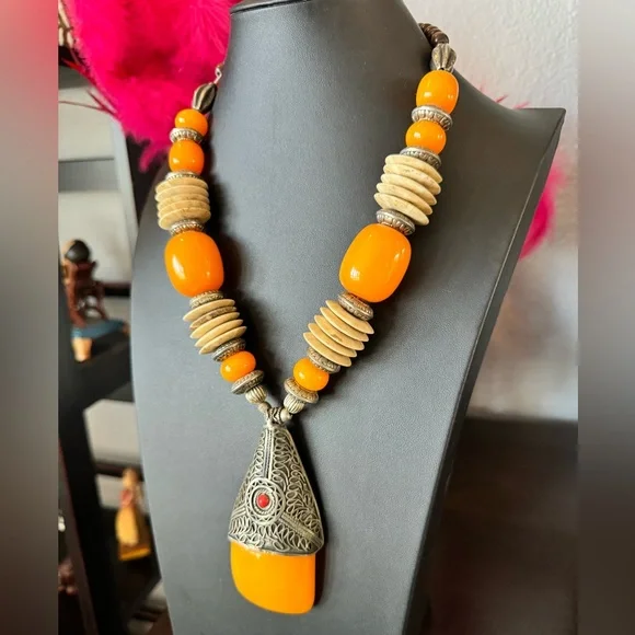 Artisan Nepal Orange Bohemian Beaded Metal Necklace